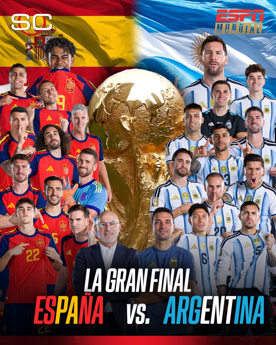 SC_ESPN's tweet photo. 🏆 ¡¡CONFIRMADO!! ¡¡LA FINAL DE LA COPA DEL MUNDO!!

🇪🇸 España vs. Argentina 🇦🇷
📆 Domingo 19/7 - 16:00hs. (Arg) | 14:00hs. (Col)
🏟️ MetLife Stadium - New Jersey

⚽ #ESPNMundial 
📺 Mirá los mejores partidos de la #FIFAWorldCup por ESPN, en el Plan Premium de #DisneyPlus https://t.co/E3NBqRVcUB