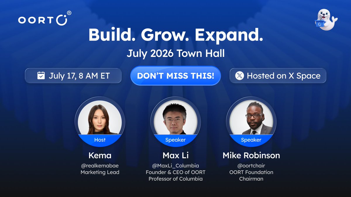 oortech's tweet photo. OORT July Town Hall is happening this Friday. 🦭
Build. Grow. Expand.

Hear directly from Dr. Max Li @MaxLi_Columbia, Founder of OORT, and Mike Robinson @oortchair, Chairman of the OORT Foundation, as they share the latest updates on where OORT is heading.

July 17, 8 AM ET on X Spaces.
https://t.co/df21mCTSJG

Drop your questions in the replies and join live — 10 winners sharing rewards for the best questions and proof of listening — we will see you there. 🎙️