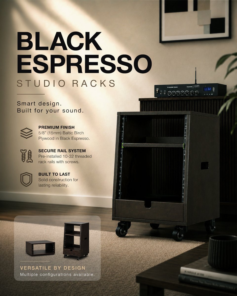 soundtowninc's tweet photo. Smart design and built for your sound, the SDRK Series studio racks feature a premium Black Espresso finish, durable Baltic birch plywood, and multiple configurations designed to elevate any recording, production, or home studio.
https://t.co/qnyBA5DbxI https://t.co/vqyjBCniPr