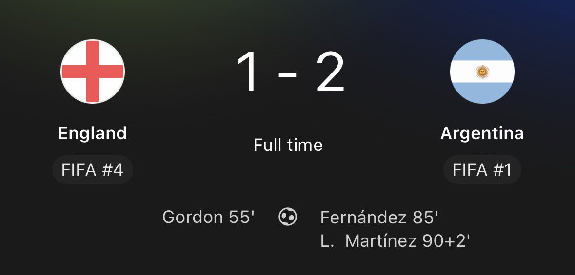 LyonzFC's tweet photo. 🚨 FT: England 1 - 2 Argentina https://t.co/B3aCDe3r9H