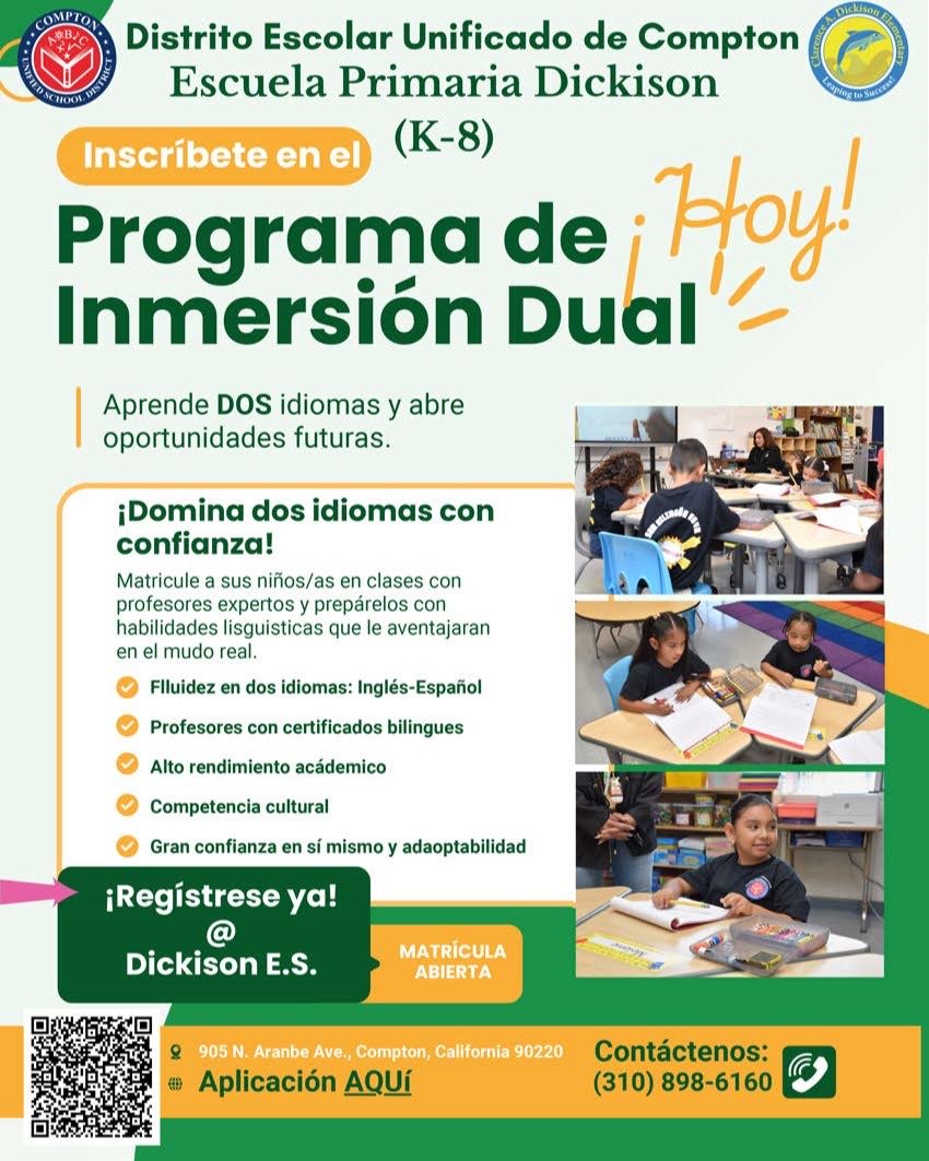 ComptonUnified's tweet photo. ๐๐ Enroll Today! / ยกInscrรญbase Hoy! ๐
Spots are still available for incoming TK and Kindergarten scholars at Dickison Elementary Spanish Dual Language Academy! ๐โจ
๐ฒ Scan the QR code or apply online: https://t.co/NZ0xDxcbSJ
#ComptonUnified #EnrollToday #InscrรญbaseHoy https://t.co/5vqKjlsG8p