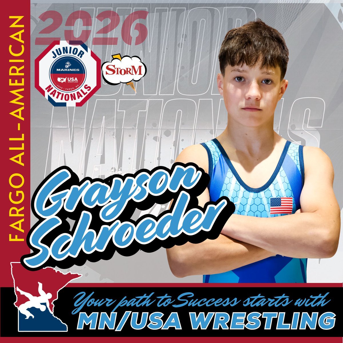 MNUSAW's tweet photo. Way to go Grayson on your podium finish coming home 7th place. In his placement match he won by TF over Colorado's Brison Romero. #mnusawrestling #MNstorm https://t.co/PAZQ6Qprtr