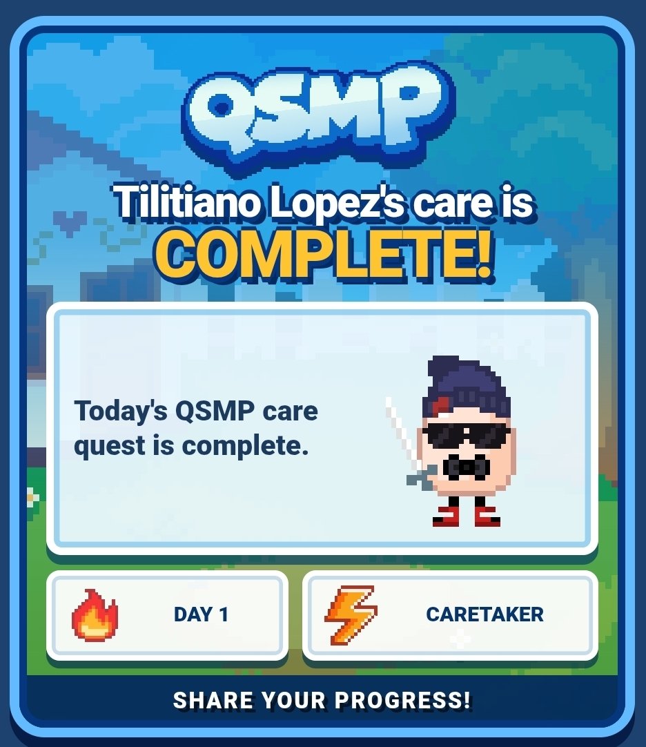 Alit_Yum's tweet photo. Tilitiano Lopez's care is complete!
Today's QSMP care quest is complete.
https://t.co/MAcB490pZN https://t.co/CzSQWk92Fp