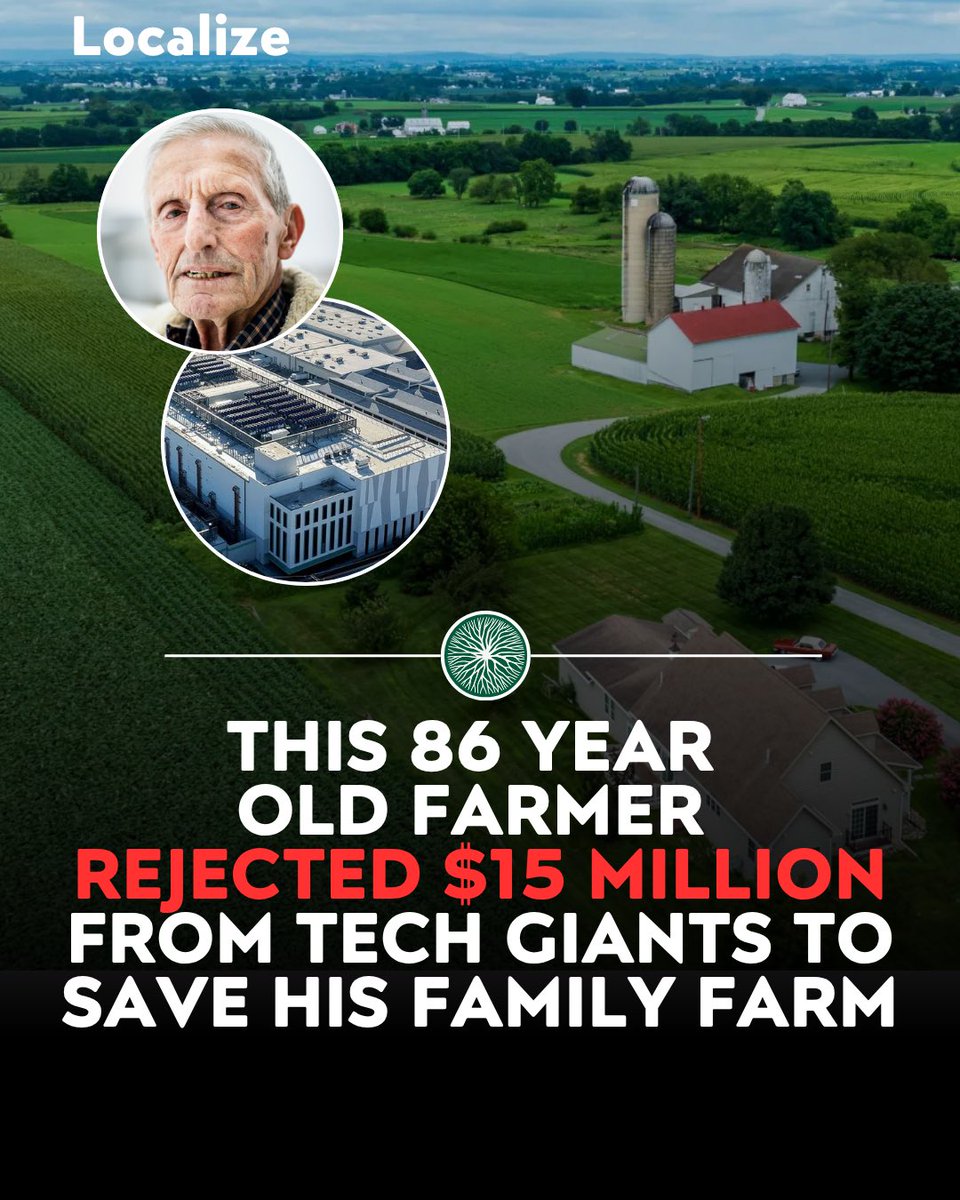 Localizefoodapp's tweet photo. This 86-year old farmer rejected $15 million from tech giants to save his family farm

Mervin Raudabaugh, 86, was offered $60,000 an acre, roughly $15 million total, by data center developers for his 261-acre farm in Silver Spring Township

He sold the development rights instead to Lancaster Farmland Trust for under $2 million, permanently protecting the land for agriculture only

The U.S. loses roughly 2,000 acres of farmland to development every day, making land trusts one of the few tools that permanently protects farmland

Use Localize To Back Family Farms