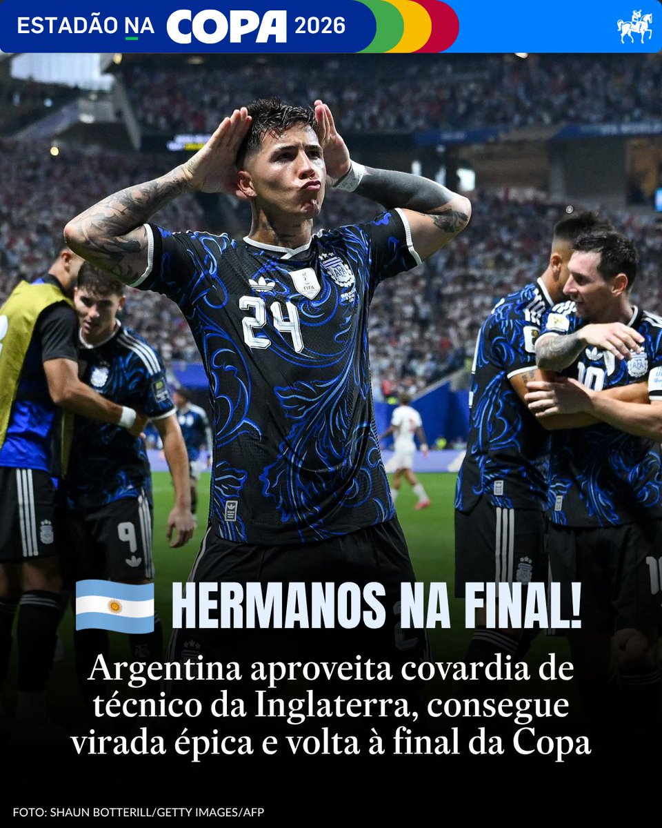 Estadao's tweet photo. HERMANOS NA FINAL 🇦🇷 Argentina aproveita covardia de técnico da Inglaterra, consegue virada épica na Copa do Mundo e briga por tetra

Ingleses armam retranca cedo demais e são castigados por argentinos, que marcam dois gols em seis minutos nos instantes finais e vencem por 2 a 1 em Atlanta

🔗 Leia análise de Ricardo Magatti (@RMagatti) → https://t.co/dEqB2AJYdT