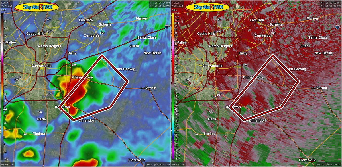 SkyAlertWX's tweet photo. At 404 PM CDT, a severe thunderstorm capable of producing a #tornado
  was located near Calaveras Lake, or near Stinson Municipal Airport,
  moving northeast at 15 mph.#txwx

  SOURCE...Radar indicated rotation. https://t.co/tVsvhtdGcq