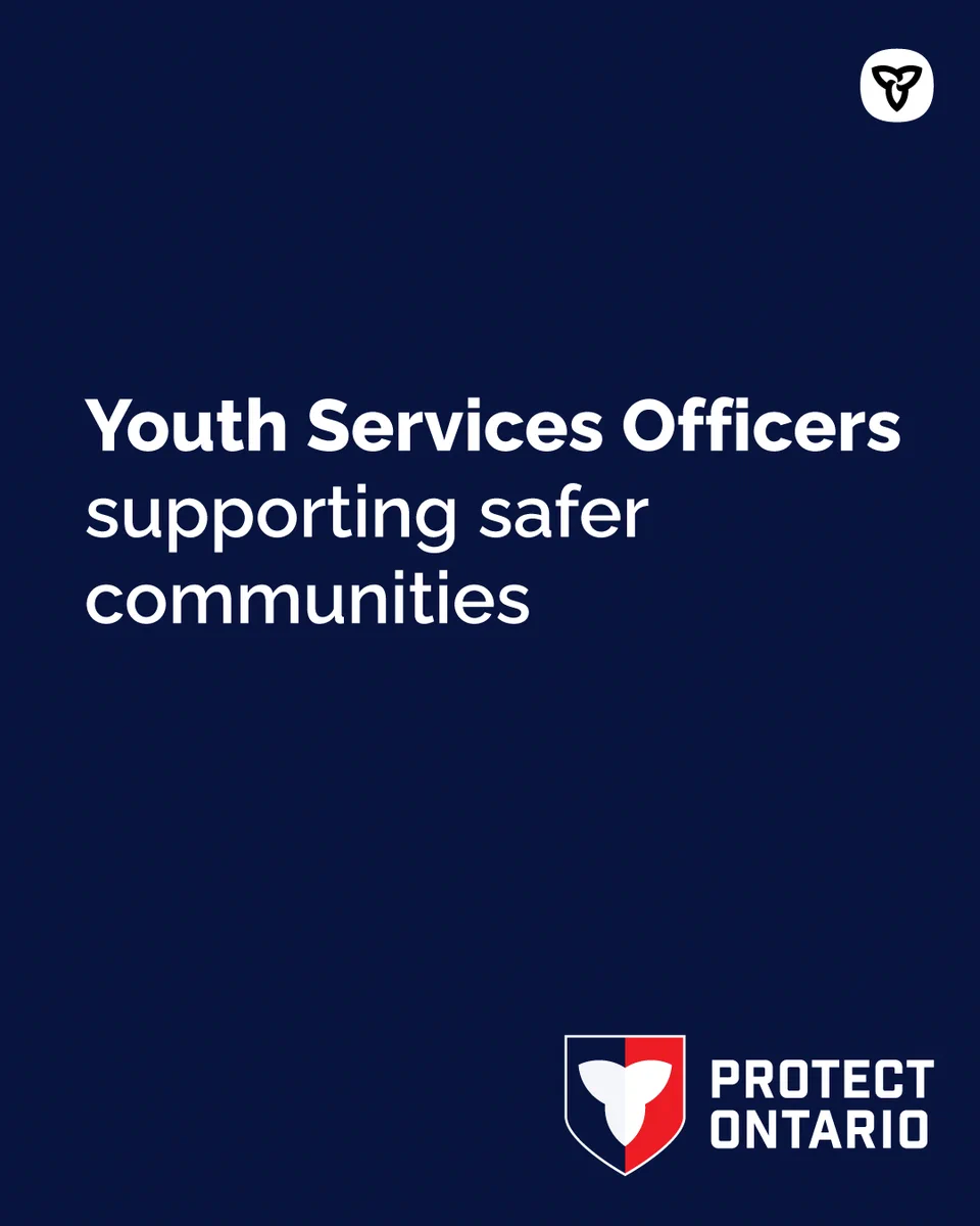 Dark blue poster: 'Youth Services Officers supporting safer communities'
