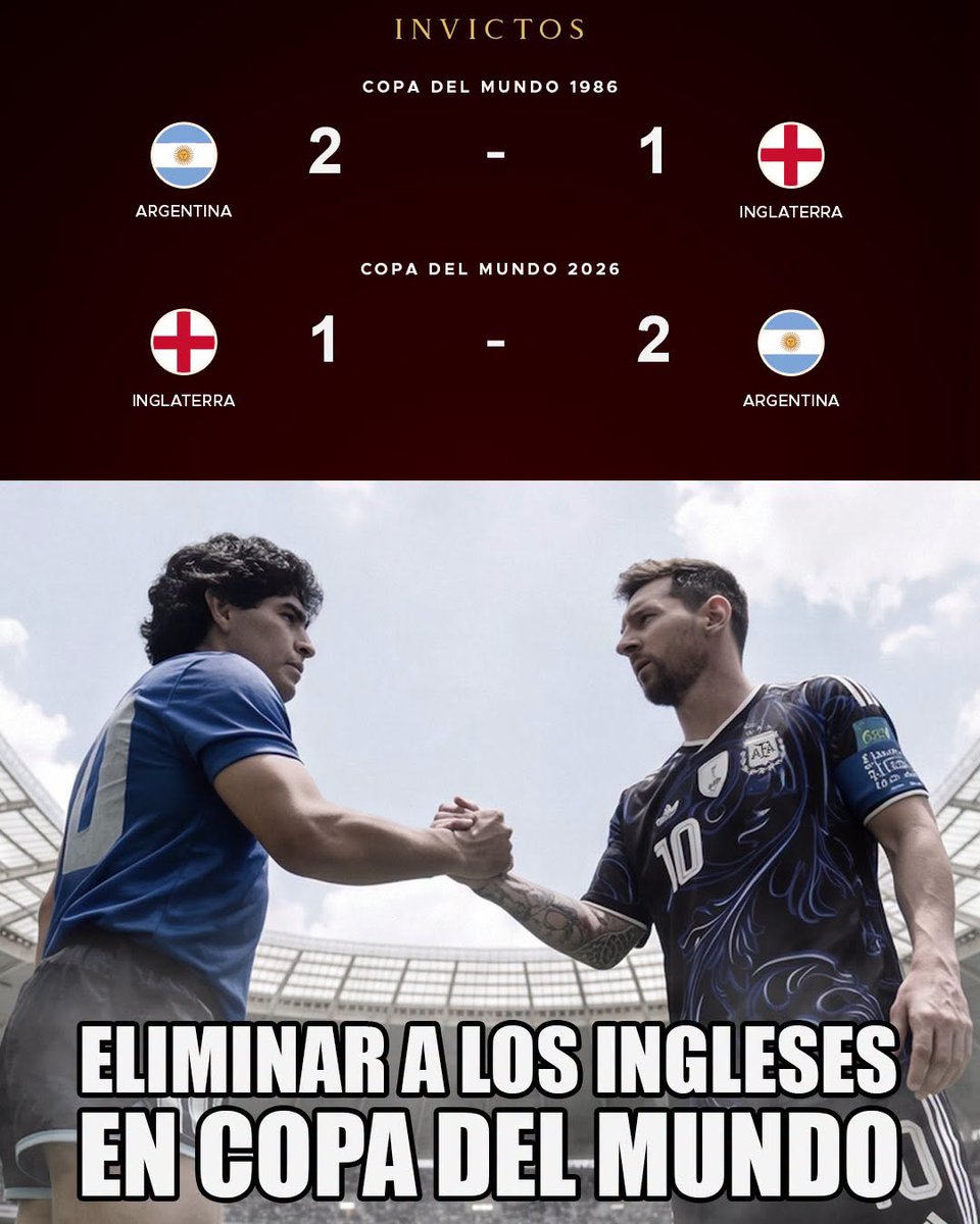 InvictosSomos's tweet photo. ¡¡EL FÚTBOL TIENE MEJORES HISTORIAS QUE EL CINE!!

¿La Selección de Argentina de Diego Armando Maradona eliminó a la Selección de Inglaterra de una Copa del Mundo firmando un partido para la historia? Pues hoy, justo 40 años después, la Selección de Argentina de Lionel Messi eliminó a la Selección de Inglaterra de la Copa del Mundo firmando una remontada para la historia.

Sí, señoras y señores, Lionel Messi logró seguir los pasos de Diego Armando Maradona. Sí, señoras y señores, Argentina repitió la hazaña ante Inglaterra en el torneo más grande que existe.

¡¡MESSI Y MARADONA VENCIERON A LOS INGLESES!!