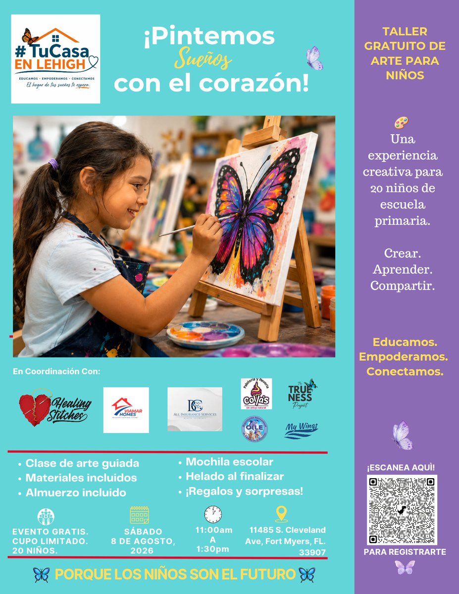 mspinolive's tweet photo. ¡Seguimos creando momentos bonitos para nuestra comunidad! 🦋🎨
Este próximo sábado 8 de agosto, #TuCasaenLehigh, en coordinación con Healing Stitches y nuestros colaboradores, estará realizando un taller gratuito de arte para niños.
Una experiencia creativa para 20 niños de escuela primaria, donde podrán pintar, aprender, compartir y disfrutar de un momento especial lleno de color, alegría y propósito.
El evento incluye:
🎨 Clase de arte guiada
🖌️ Materiales incluidos
🍕 Almuerzo incluido
🍦 Helado al finalizar
🎒 Mochila escolar
🎁 Regalos y sorpresas
Cupo limitado: solo 20 niños.
Escanea el QR del flyer para registrarte.
Gracias a todos los que se han unido para hacer esto posible, incluyendo nuestros sponsors y colaboradores comunitarios.
Porque los niños son el futuro. 🦋
#TuCasaenLehigh
Educamos. Empoderamos. Conectamos.