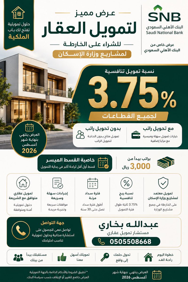 2030Bukhari's tweet photo. 🛑 تم التحديث النسبة إلى ٪3.75 #بنك_الأهلي .

 عرض على التمويل العقاري للشراء على الخارطة لمشاريع وزارة الاسكان نسبة 3.75% لجميع القطاعات بتحويل راتب وبدون تحويل راتب براتب يبدأ من 3000 ريال 

العرض ينتهي نهاية شهر اغسطس ٢٠٢٦

التواصل / مستشار ائتماني عبدالله بخاري 

https://t.co/0gduVlZcoL

#عروض_الصيف #صيفك_احل��
#البنك_الاهلي #الراجحي #الرياض #البلاد #الانماء #الجزيرة  #شراء_المديونية #التمويل_الشخصي #قرض #قرض_العمل_الحر #التمويل_العقاري #عقار #قروض #تحويل_مديونية #شراء_مديونية