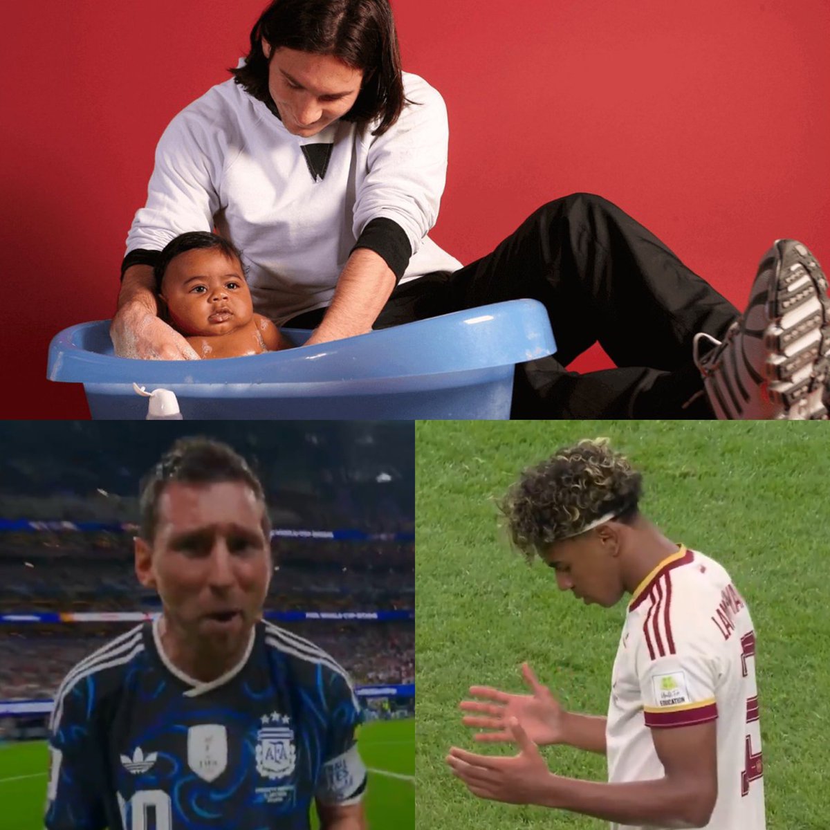 Juezcentral's tweet photo. Esta viral foto es de 2007. Para una fundación, Messi se sacó fotos con bebés. Y ahí está Lamine Yamal. Pues estos 2 disputarán una final del Mundo. La última de Messi y la primera de Lamine. Como si el destino así lo quisiera.

La vida es hermosa. El fútbol es hermoso. https://t.co/OXy5AEUiIC
