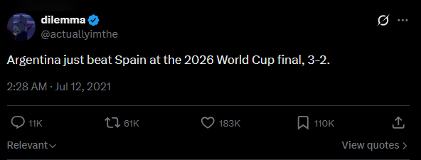 beehaber's tweet photo. Arjantin ve İspanya'nın finalde eşleşmesiyle 2021'de atılan bir tweet viral oldu.

🔹 "Arjantin 2026 Dünya Kupası Finali'nde İspanya'yı yendi, skor 3-2."

🔹 5 yıl geriden gelen tahmin 19 Temmuz'da doğru çıkar mı? https://t.co/qMB94P97Xt