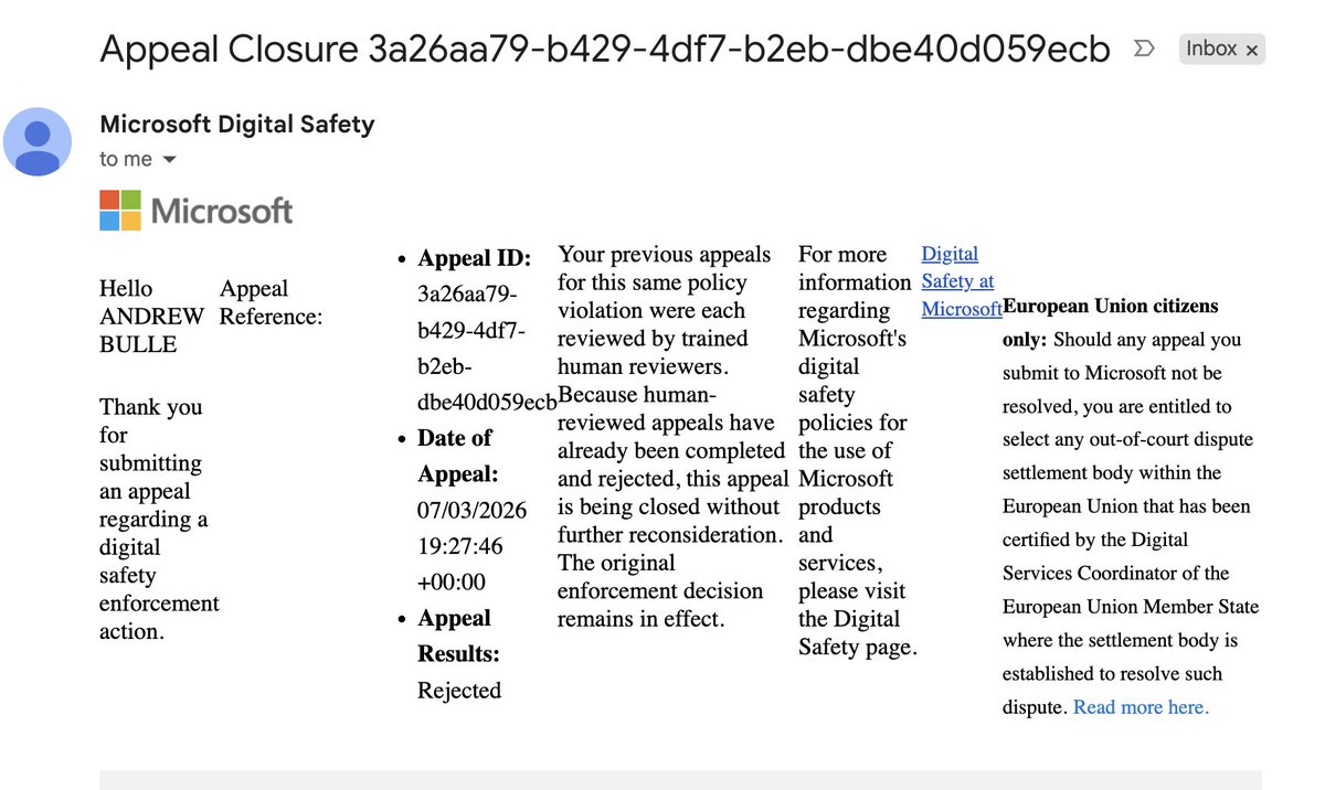 piasother's tweet photo. @MicrosoftHelps @Microsoft 10/ @Microsoft @MicrosoftHelps — appeal ref on file, happy to share privately.

I'm not asking for sympathy. I'm asking to be told which policy I broke, and to be given my own files back. One of those should be trivially easy.

If this happened to you too, reply. https://t.co/SMRfUFlP11