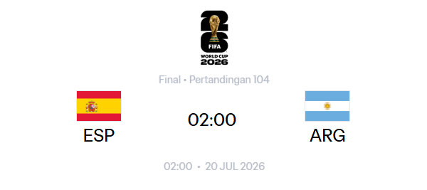 MeridianFC_'s tweet photo. RESMI!

FINAL PIALA DUNIA 2026
SPANYOL🇪🇸 VS ARGENTINA🇦🇷

SENIN, 20 JULI 2026 - 02:00 WIB https://t.co/EKeL5EaBpf