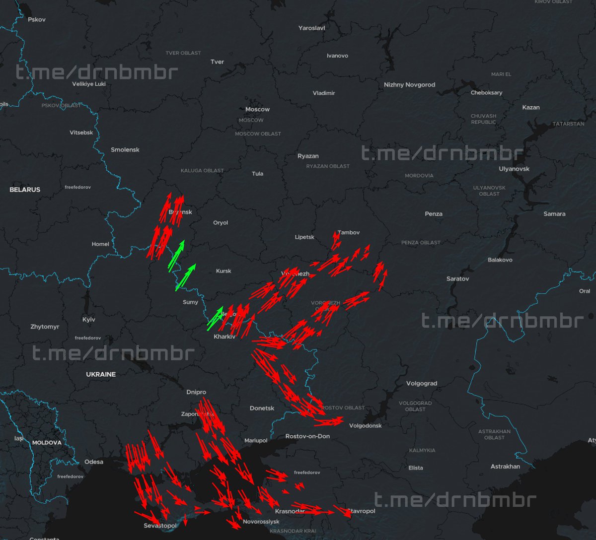 DrnBmbr's tweet photo. 🇺🇦00:10 | 16/07

Approximate flight routes of our UAVs:

🔴 Red arrows — directions of strike UAV movement;

🟢 Green arrows — directions of MLRS rocket flight;

According to Russian sources, around 400 drones were reported, though these estimates and the displayed routes remain highly approximate.