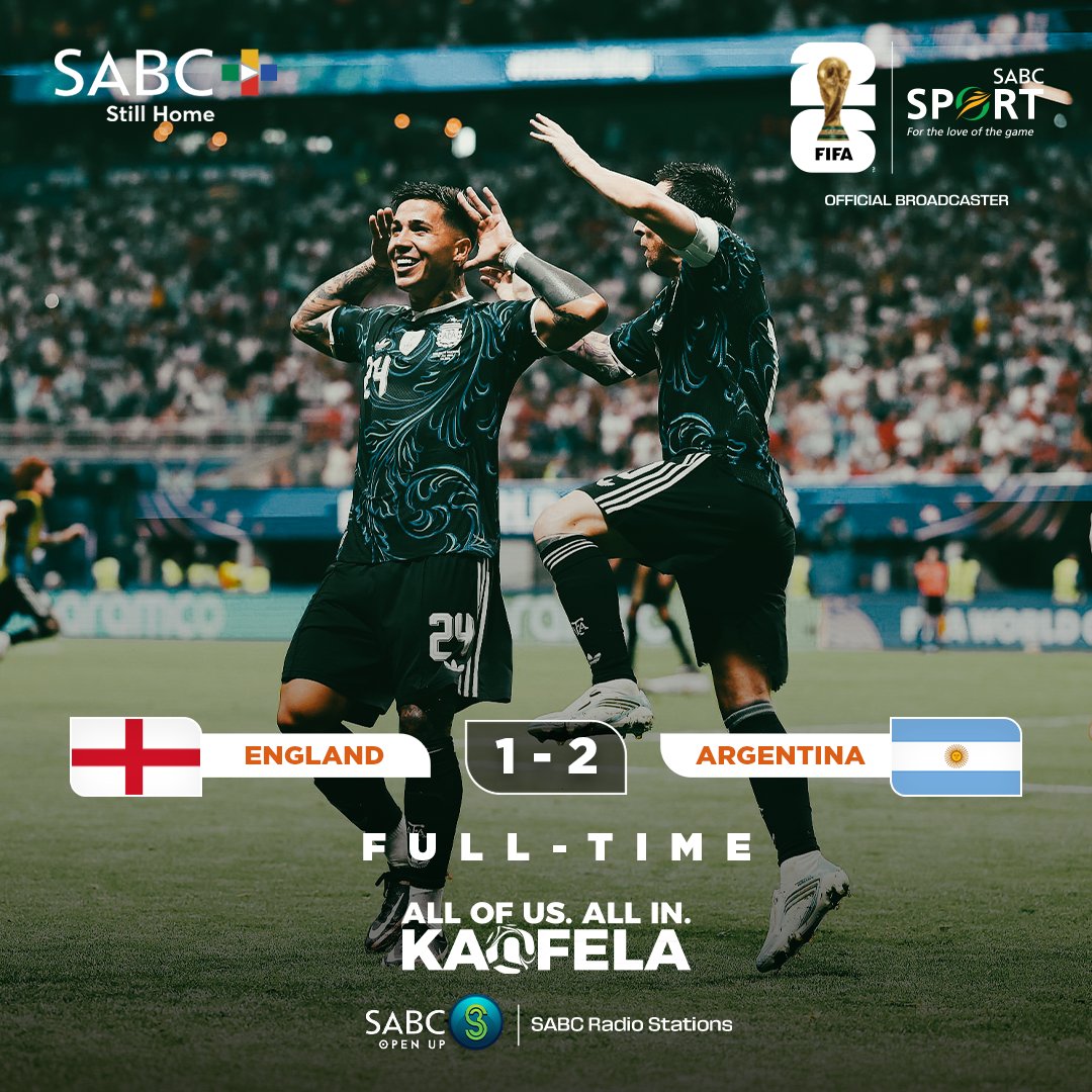 SABCPlus's tweet photo. 🏴󠁧󠁢󠁥󠁮󠁧󠁿 England 1-2 Argentina 🇦🇷

The defending champions come from behind in the second half to book their place in the FIFA World Cup final for the seventh time!🔥

Stream the match highlights on SABC+, subscription-free!

📲: https://t.co/0mVyhtgPMA

ALL OF US. ALL IN. KAOFELA.

#SABCPlus #StillHome #FIFAWorldCup
