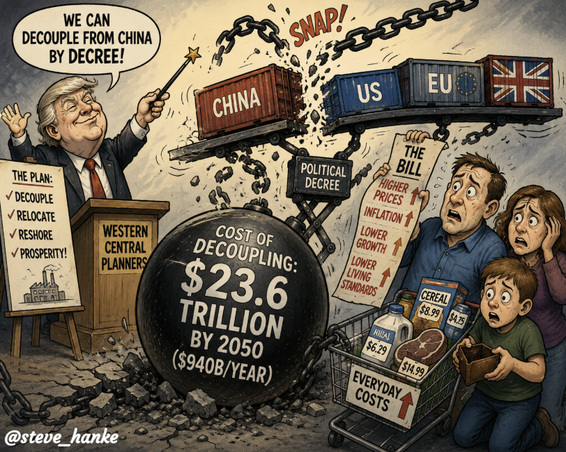 steve_hanke's tweet photo. According to EY-Parthenon, trying to decouple from China will cost the US, EU &amp; UK a STAGGERING $23.6 TRILLION by 2050.

THIS ARGUES THAT THE WEST SHOULD PROMOTE GOOD RELATIONS &amp; COMMERCE WITH CHINA. IT WOULD BE GOOD FOR CHINA &amp; GOOD FOR THE WEST. IT WILL SAVE A LOT OF MONEY. https://t.co/HVlYCb9PEI