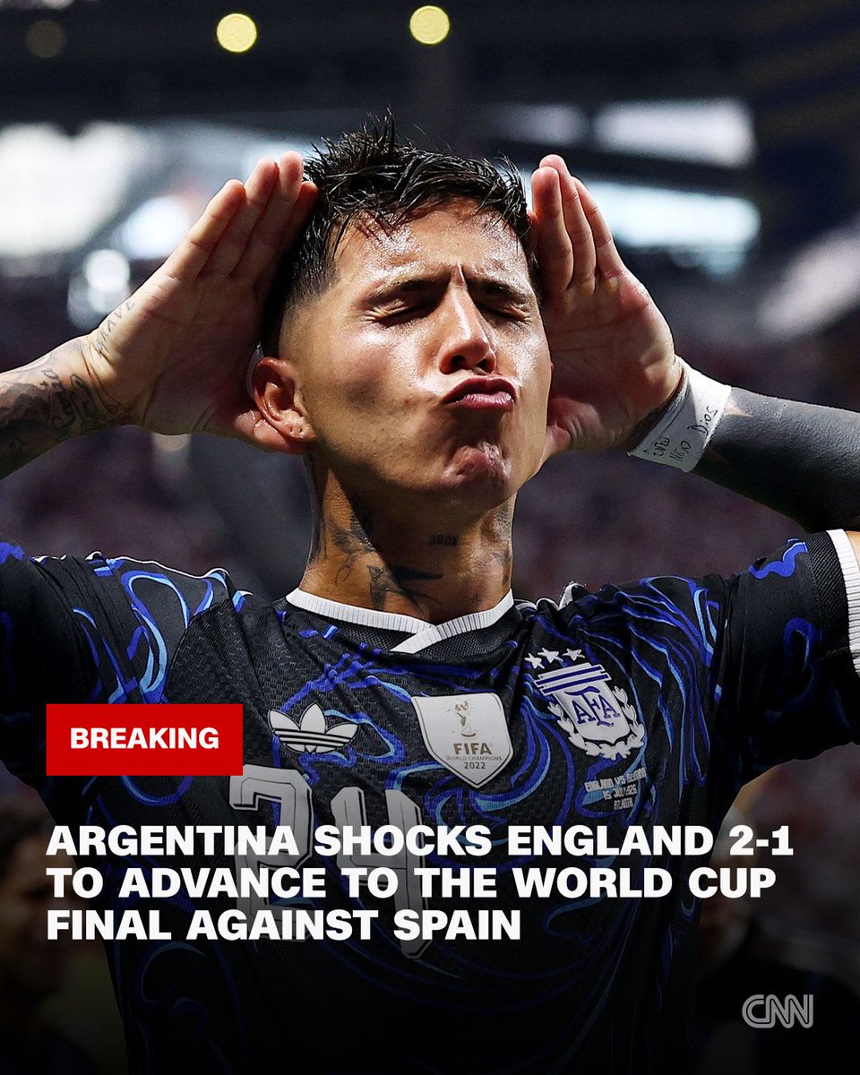 CNN's tweet photo. With two late goals in the second half, Argentina stunned England to advance to Sunday's World Cup final where it will play Spain. https://t.co/5H6CnEcvMM https://t.co/1GPXlAPIIS