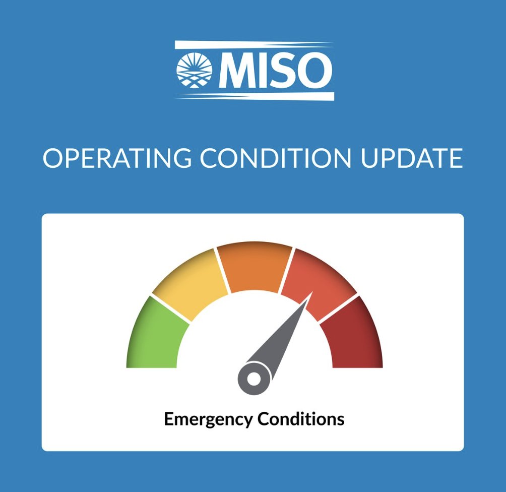 MRESnews's tweet photo. MISO, the regional grid operator, has escalated today’s energy emergency to an Energy Emergency Alert (EEA) Level 2 due to continued extreme heat and very high electricity demand across the region.
An EEA2 means the regional power grid is experiencing an energy shortage, and additional emergency resources are being used to maintain reliable electric service.