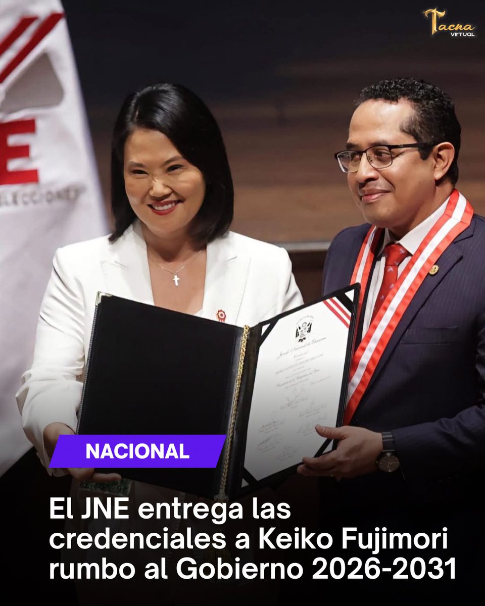 TacnaVirtualPe's tweet photo. 🇵🇪 El JNE entregó este 15 de julio las credenciales a Keiko Fujimori como presidenta electa del Perú para el período 2026-2031. Con este acto culmina una etapa clave del proceso electoral y continúa la transición hacia el 28 de julio. 

#KeikoFujimori #Perú https://t.co/moywUrVUpS