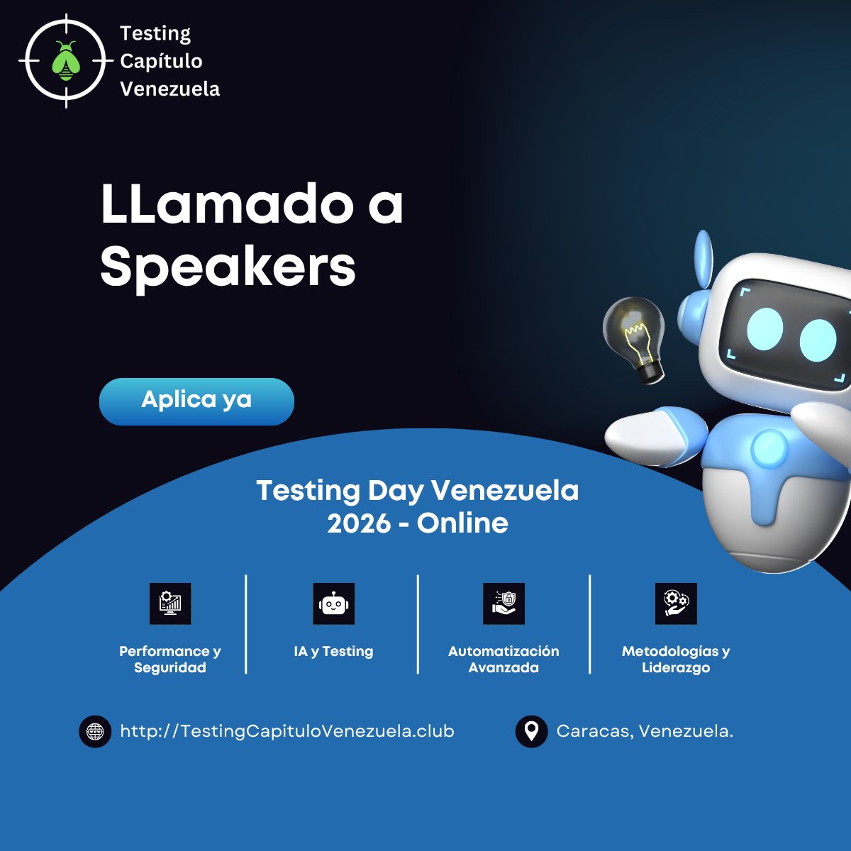 TestingVe's tweet photo. ¿Tienes experiencia en automatización, IA o liderazgo en QA? ¡Esta es tu oportunidad de inspirar a cientos de profesionales en la región! 💡

Súmate como conferencista en el Testing Day Ve'26 (Online).

Postula tu propuesta de charla ingresando a: 👉 https://t.co/ZE7YuZKafs https://t.co/hE1Z3hKLJf
