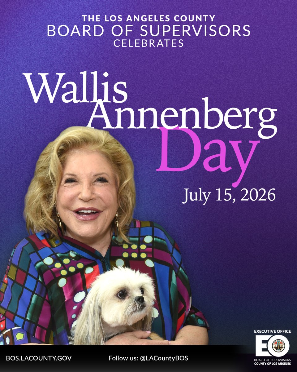 LACountyBOS's tweet photo. Join the #LACountyBOS in celebrating renowned philanthropist, arts patron, and champion for #LACounty, Wallis Annenberg.

From @USCAnnenberg, to the @101wildcrossing, to @AnnPetSpace – her legacy lives on through a lifetime of philanthropy and advocacy.

#WallisAnnenbergDay https://t.co/mITHPXnJ0y