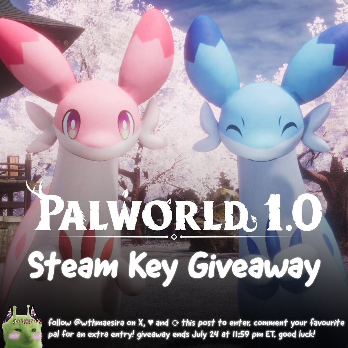 wthmaesira's tweet photo. GIVEAWAY TIME WOO ✨

My community and I are having a blast with Palworld's 1.0 release, and I wanna share the fun! I have 𝘁𝘄𝗼 keys available for this giveaway 🤪

To enter, follow me, like and rt this post. Comment your fave pal for a bonus entry! Good luck, everyone 🥰 https://t.co/jfcNc5WJ7e