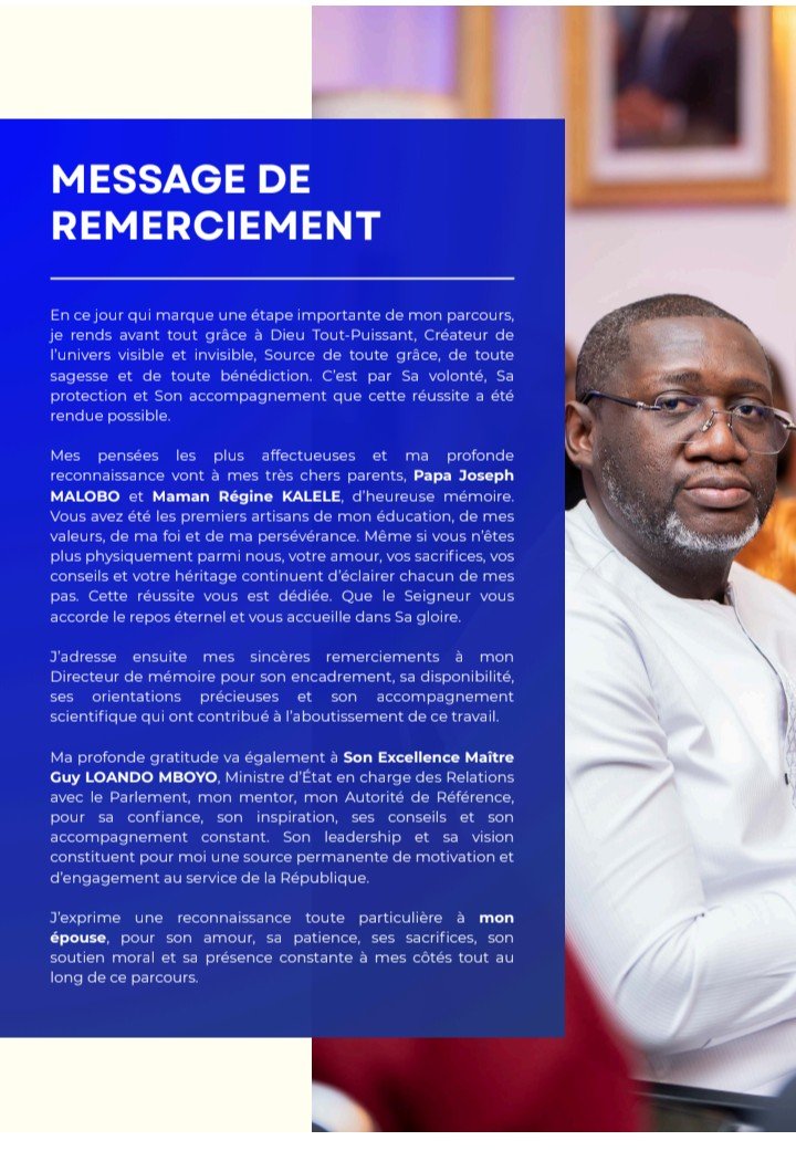 MarkusPremier's tweet photo. MESSAGE DE REMERCIEMENT*m

À l'issue de la soutenance de son mémoire au Collège des Hautes Études de Stratégie et de Défense (CHESD), le Secrétaire Général du Parti Agissons pour la République (AREP), Camy-Richard KALELE MALOBO, adresse ses sincères remerciements à tous. https://t.co/jnCoxUFrfT