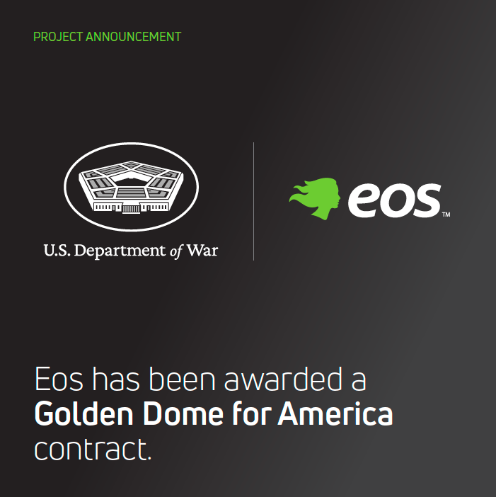 PoweredByEos's tweet photo. America’s defense runs on power that cannot fail.
 
At @SenMcCormickPA's Defense and Innovation Summit, @POTUS announced Eos has been awarded a Golden Dome for America contract, stating "Eos in Pittsburgh just agreed to a multi-million dollar partnership with the Department of War to build energy storage technology in support of our Golden Dome missile defense."
 
This strategic partnership with the Department of War strengthens the energy backbone of America's defense and is structured to scale as national defense needs evolve.
 
Read the full press release: https://t.co/VCc5FVBKlh