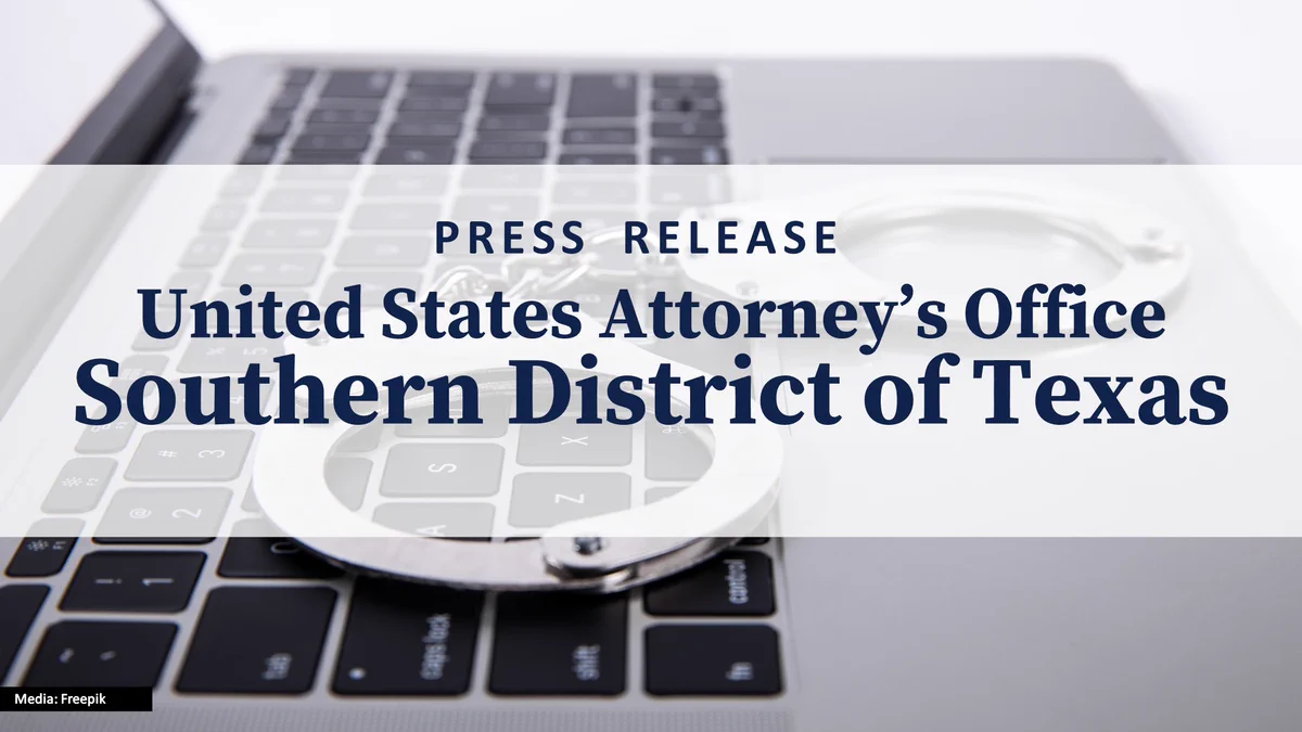 Image of a laptop with handcuffs on top. Text: PRESS RELEASE United States Attorney's Office Southern District of Texas