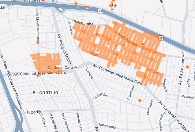 Enel_Informa_CL's tweet photo. [17:41] Un 16% de los clientes inicialmente afectados por #CorteDeEnergía en sector Av. Américo Vespucio hasta Av. Cardenal José María Caro  de comuna de Conchalí ya tienen su servicio normalizado. En el mapa el sector aún con incidencia. Seguimos trabajando para normalizar el suministro a todos nuestros clientes. Para generar un reporte escríbenos al WhatsApp +56994447606