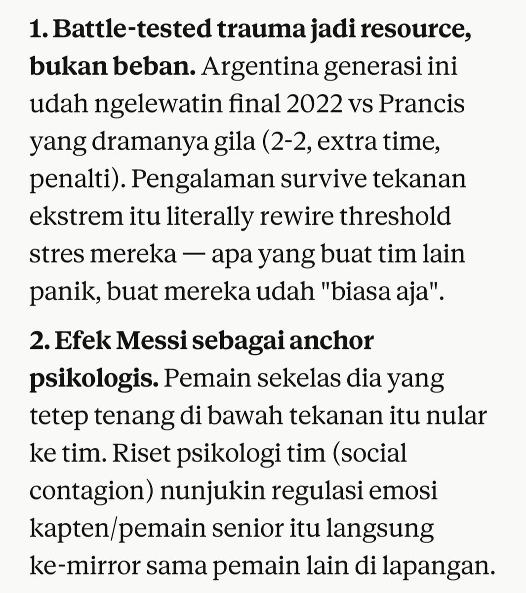 yuubral's tweet photo. setelah nonton comeback argentina vs england tadi, gue iseng nanya ke claude, kenapa sih mental pemain argentina kayak kuat banget gitu? kayak gak pernah takut sama musuh. semua dihajar. 

dan yang nomor 3 ternyata ada penjelasan antropologisnya. intinya pemain argentina itu terbiasa bertahan hidup di lingkungan yang keras. 

anak-anak yang main bola biasanya berasal dari kawasan miskin. bagi mereka sepakbola udah jadi jalan hidup untuk keluar dari kemiskinan. mereka udah terbiasa ngehadepin kerasnya kehidupan jalanan dari kecil, makanya kekalahan di lapangan gak bikin mental mereka jatuh.

pantesan pemain argen kayak preman semua jir.