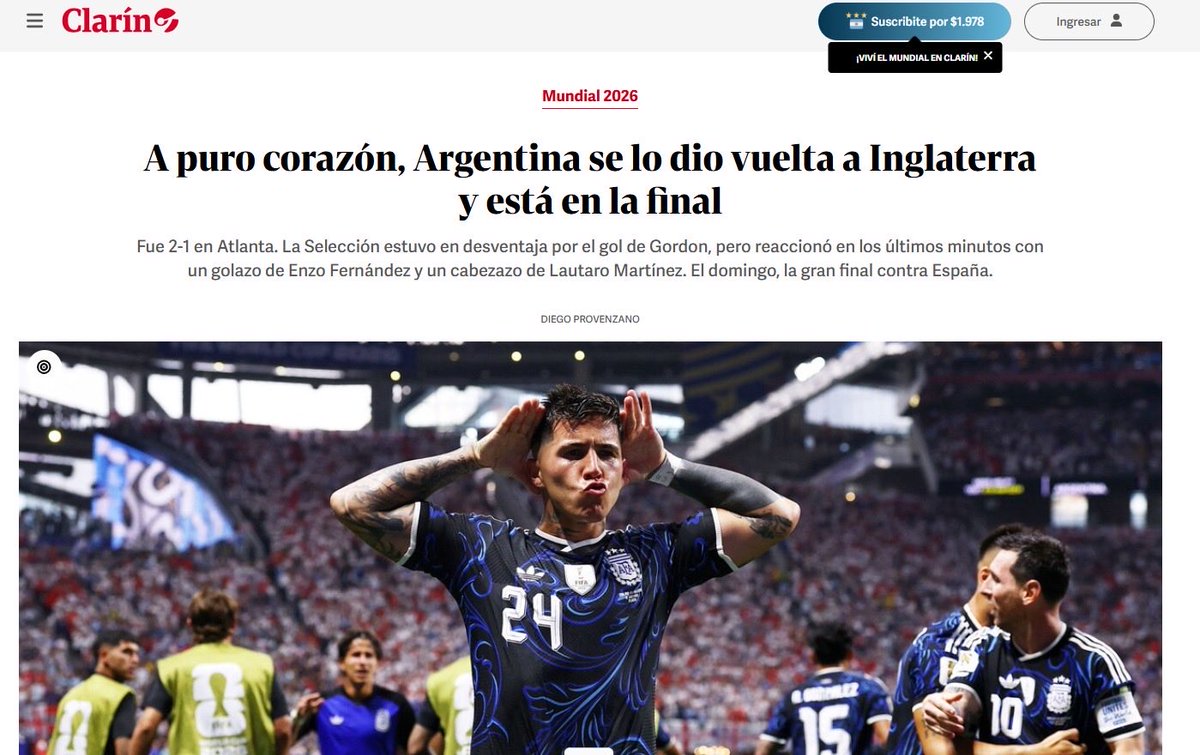matheuscomunica's tweet photo. La Nación: um triunfo para sempre.

Clarín coloca Enzo na foto principal e diz que virada foi a puro coração. 

Olé: virada histórica e tchau, Inglaterra.

Argentina na final da Copa do Mundo! https://t.co/laYyct4Vx4