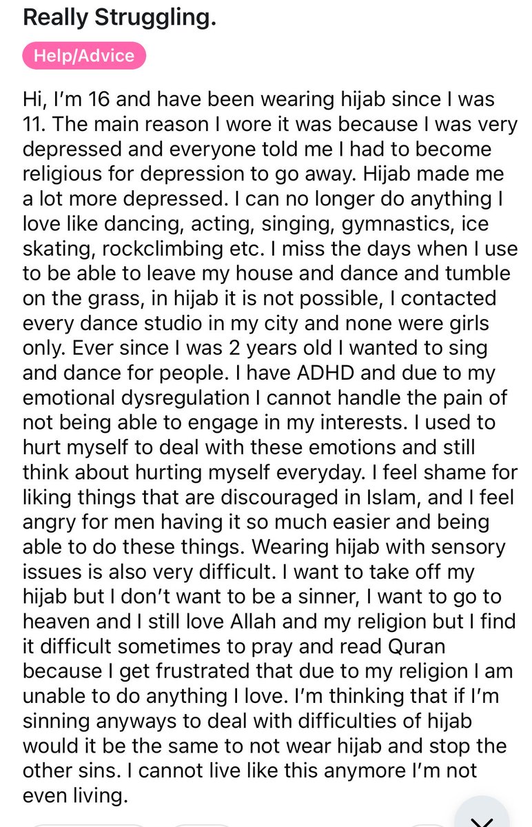Soso234321904's tweet photo. This is so heartbreaking. People have the nerve to say hijab does not stop you from living your life. The material on your neck restricts your mobility you cannot participate in physical activity without worrying if your hijab will fall off. 

I feel for her. https://t.co/rPptroQalR