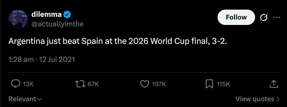 TouchlineX's tweet photo. 🚨 𝗡𝗘𝗪: This post on X from 2021 it’s going viral right now.

A user predicted back in 2021 that Argentina would win the 2026 World Cup final 3-2 against Spain.

5 years after his prediction, Argentina and Spain will play the 2026 World Cup final. https://t.co/algmBEQdC5