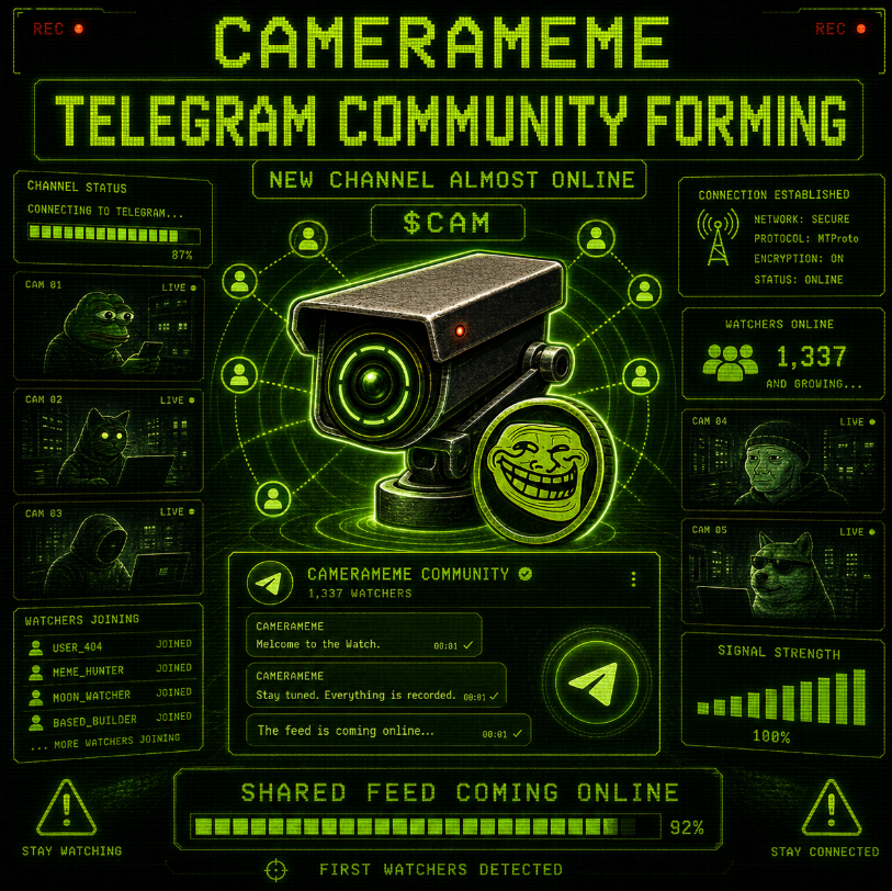 CAMERAMEME_sol's tweet photo. A new channel is almost online. 📡 The signal is gathering. The first watchers are already close.  The $CAM Telegram community is forming. Shared feed coming online soon. 🟢 

#CAMERAMEME #CAM #Telegram #Community #Memecoin #CCTV #CryptoMeme https://t.co/91kjllz3NW