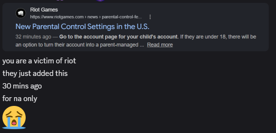 Uruhalol's tweet photo. Riot added Parental Control features on NA servers just now. Lot of people caught up in the sweep. @drewlevin https://t.co/M0AjEicKFG