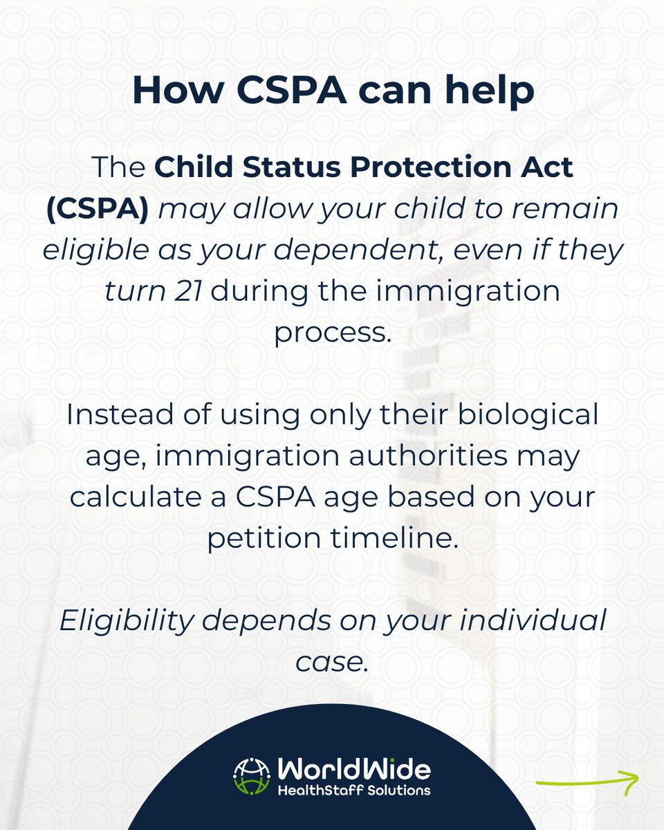 WWHealthStaff's tweet photo. One concern we hear from international nurses is:
"What happens if my child turns 21 while we're waiting for our immigration process?"

Swipe through for a simple overview of what CSPA is and what steps can help you stay prepared.

#WWHS #CSPA #FamilyUSImmigration https://t.co/BZGQ6zaURC