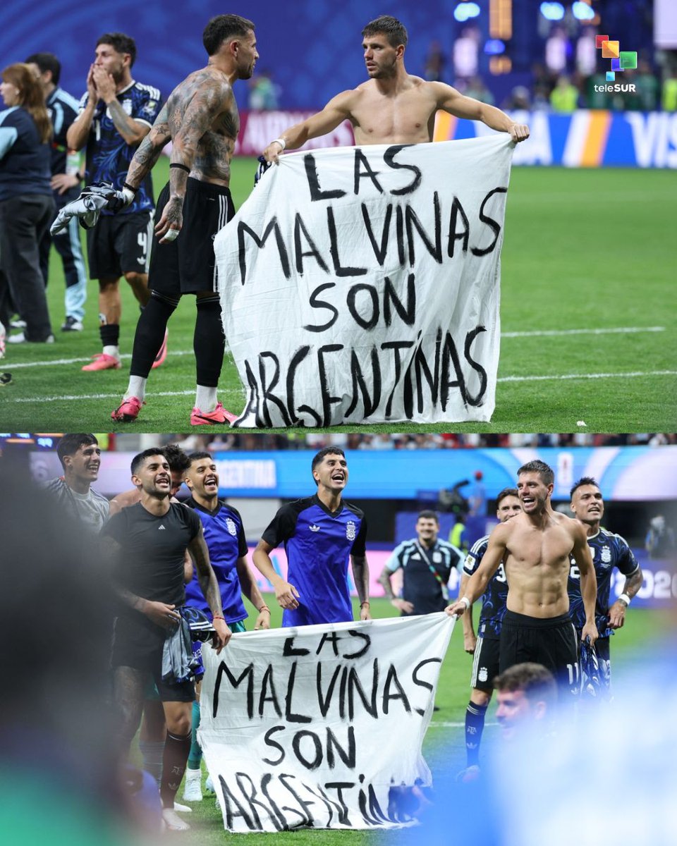 teleSURtv's tweet photo. 📌 Luego de eliminar a Inglaterra y clasificar a la final del Mundial 2026, Lisandro Martínez y Giovani Lo Celso exhibieron una bandera con la leyenda "Las Malvinas son argentinas" durante la celebración con la fanaticada albiceleste.

🔴El gesto reafirma el histórico reclamo argentino de soberanía sobre el archipiélago, ocupado por el Reino Unido desde 1833 y foco del conflicto bélico de 1982 entre ambos países.

AFP

#LaPelotaNoSeMancha #ViveElMundialPorTeleSUR #GraciasDiego #teleSUR #Mundial2026 #FIFAWorldCup #WeAre2026