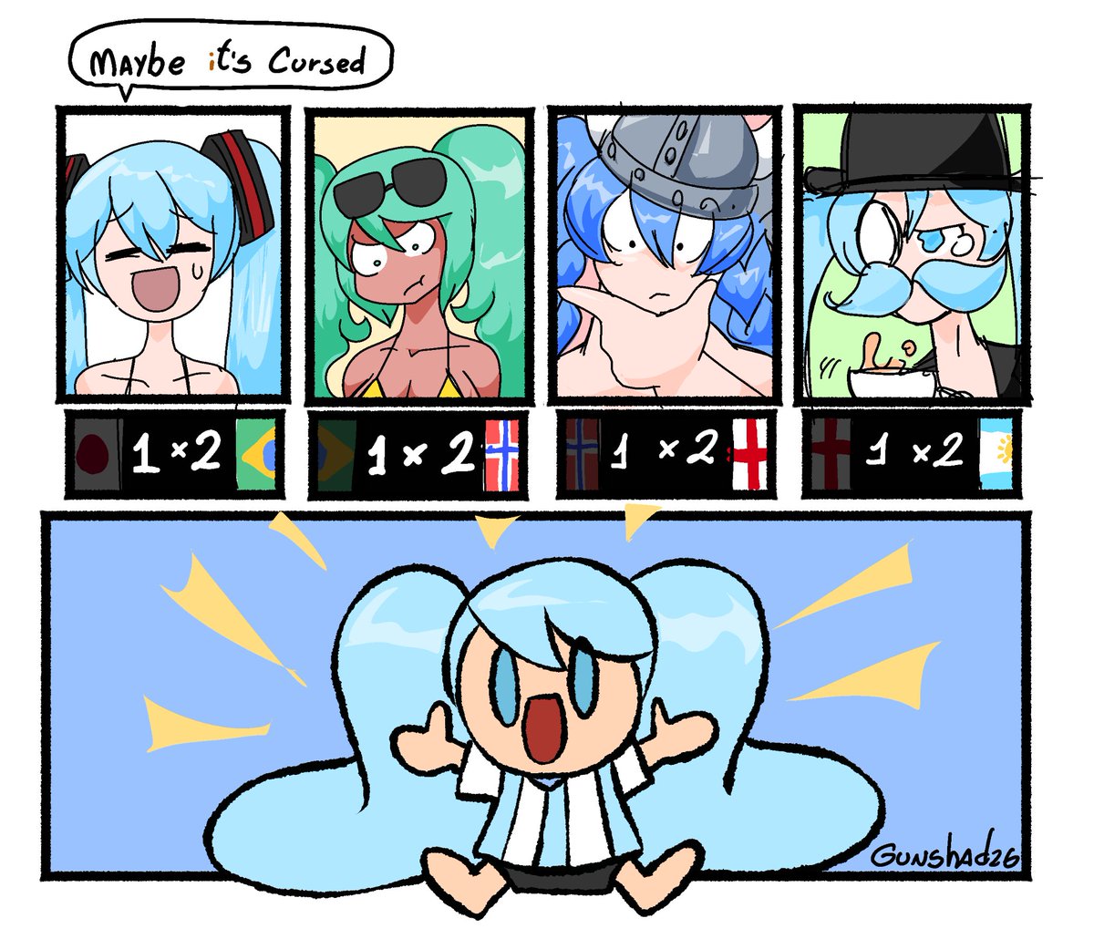gunshadart's tweet photo. Japan, Brazil, Norway, and England... everyone who laid their hands on Miku lost. 🥲 https://t.co/Bcq8mUaq2R