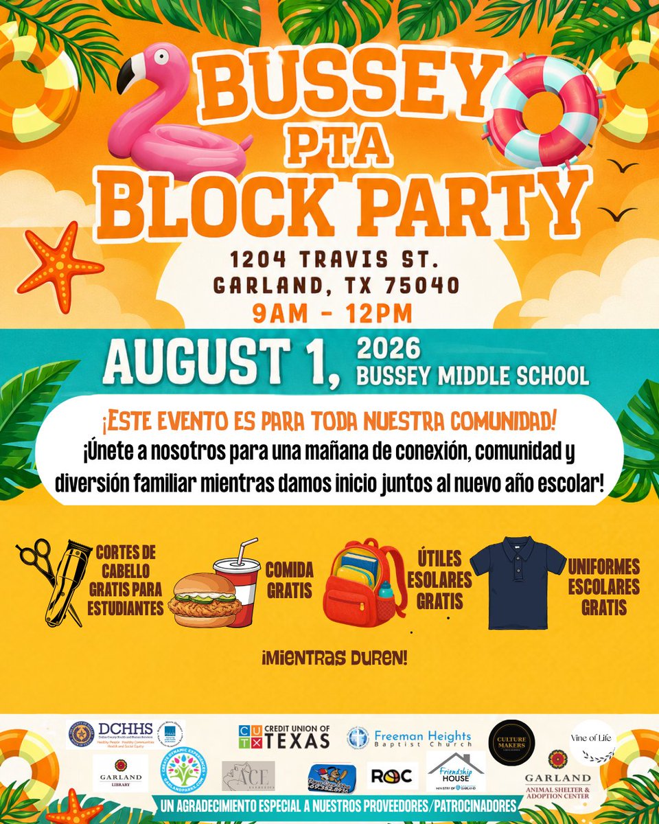 Bussey_Owlets's tweet photo. 🎉 Join us for the Bussey PTA Block Party!
📅 Aug. 1
🕘 9 AM–12 PM
📍 Bussey Middle School

Open to our community! Come celebrate the start of a great school year with us.

#OwletPride #ProtectTheNest #GarlandISD https://t.co/UvpVPQiy49