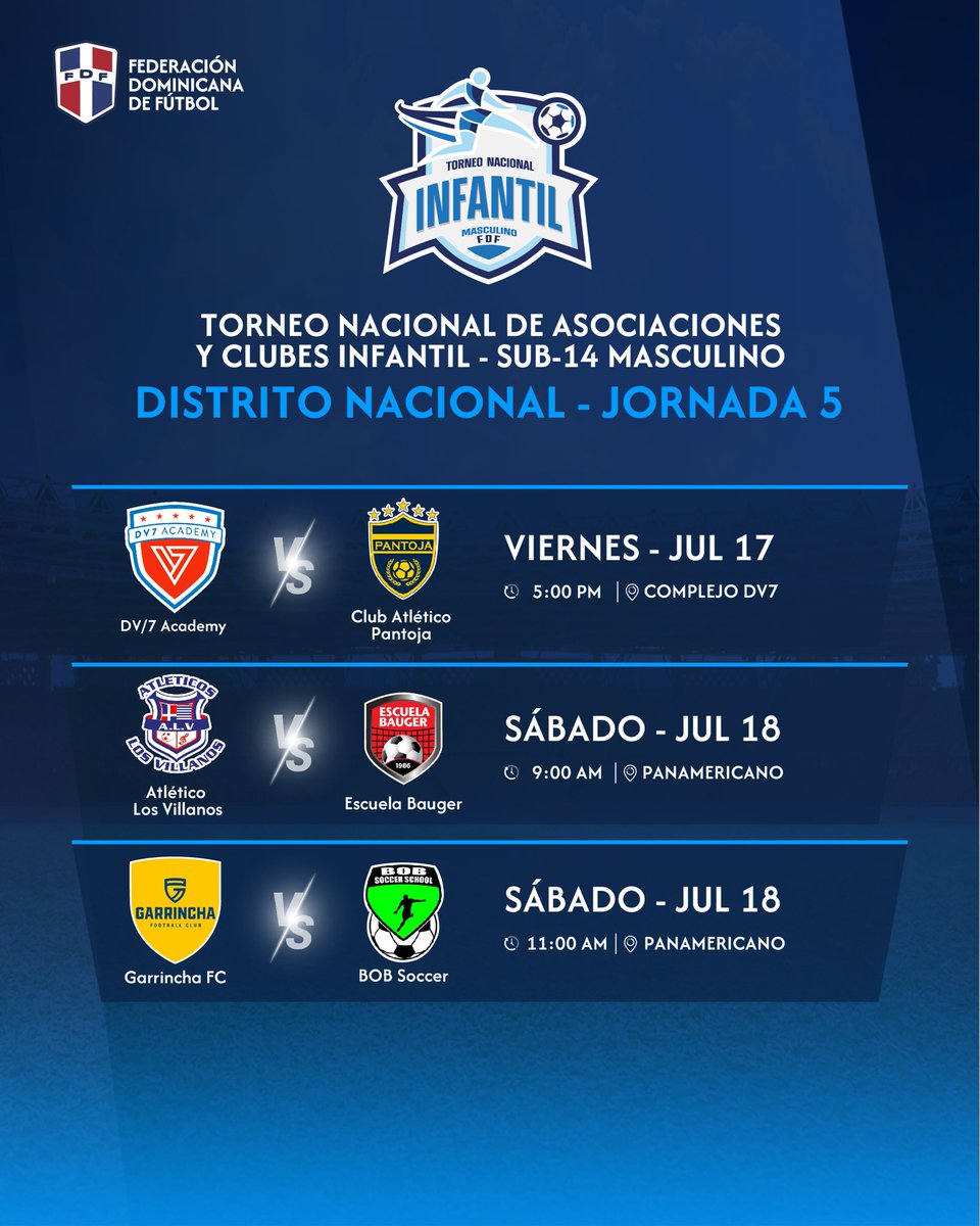 fedofutbol's tweet photo. Próximos partidos del TNAC Infantil Masculino sub-14.

#federaciondominicanadefutbol #FDF https://t.co/9njocrXC4c