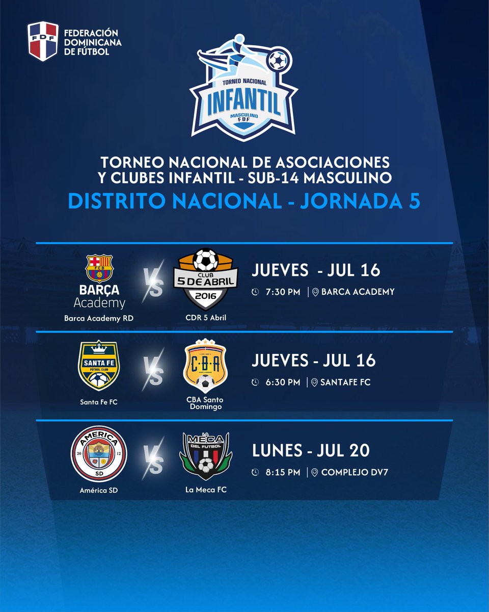 fedofutbol's tweet photo. Próximos partidos del TNAC Infantil Masculino sub-14.

#federaciondominicanadefutbol #FDF https://t.co/9njocrXC4c