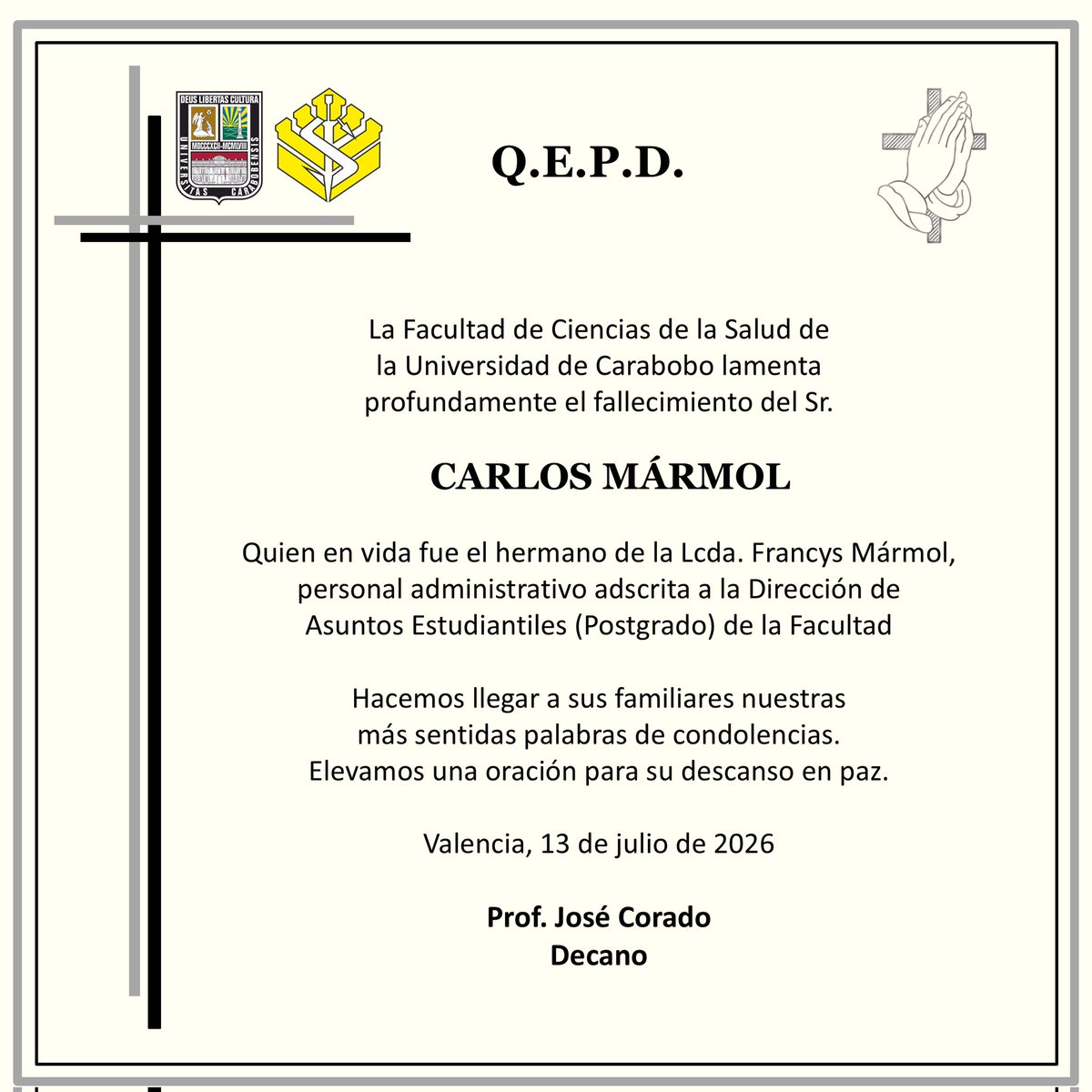 FCS_UC's tweet photo. La @FCS_UC lamenta el fallecimiento del Sr. CARLOS MÁRMOL. Paz a su alma. https://t.co/sCjWK6Dptg