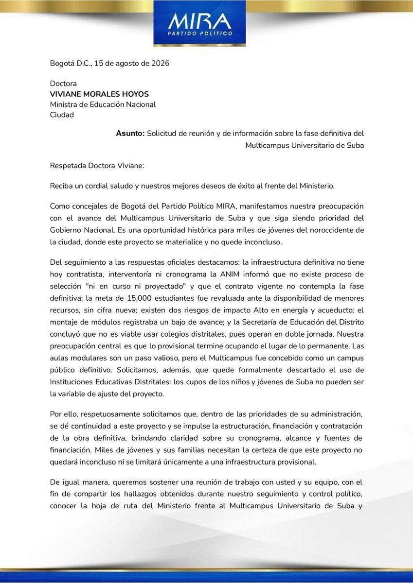 Fapuentess's tweet photo. 2/4 
Nuestro control político es preventivo: llegar a tiempo, no lamentar después. 
Según las respuestas oficiales que recibimos:
✅ La obra definitiva no tiene contrato, interventoría ni cronograma.
✅ La ANIM confirma que no hay proceso de selección "ni en curso ni proyectado".
✅ La meta de 15.000 cupos fue reducida, sin cifra nueva.