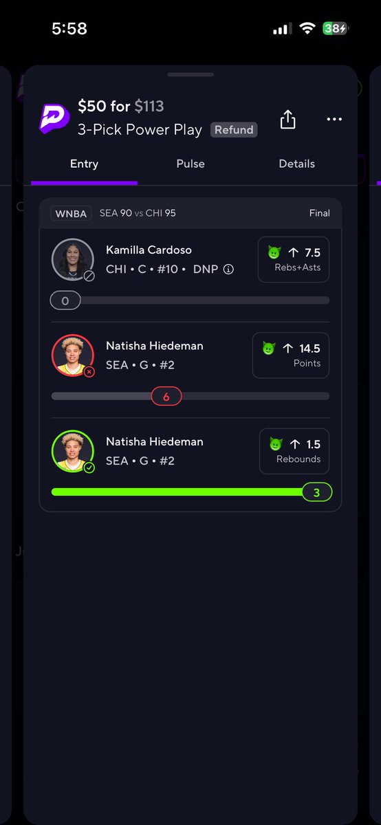 NotKylePotter's tweet photo. @BanksClaud82118 @PrizePicks Not even lmao. Literally had a wnba lineup today get refunded because one player was rebooted and my other two picks were from the same team https://t.co/1RVmdjWZjK