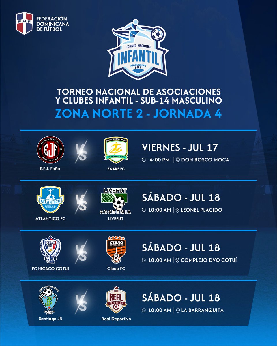 fedofutbol's tweet photo. Próximos partidos del TNAC Infantil Masculino sub-14.

#federaciondominicanadefutbol #FDF https://t.co/Z2xsrJBQCr