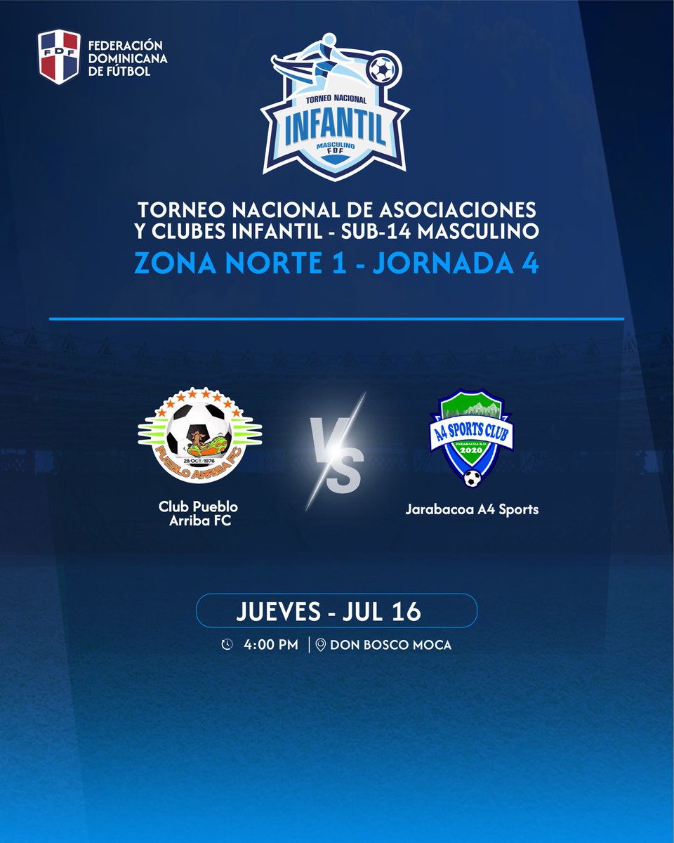 fedofutbol's tweet photo. Próximos partidos del TNAC Infantil Masculino sub-14.

#federaciondominicanadefutbol #FDF https://t.co/Z2xsrJBQCr