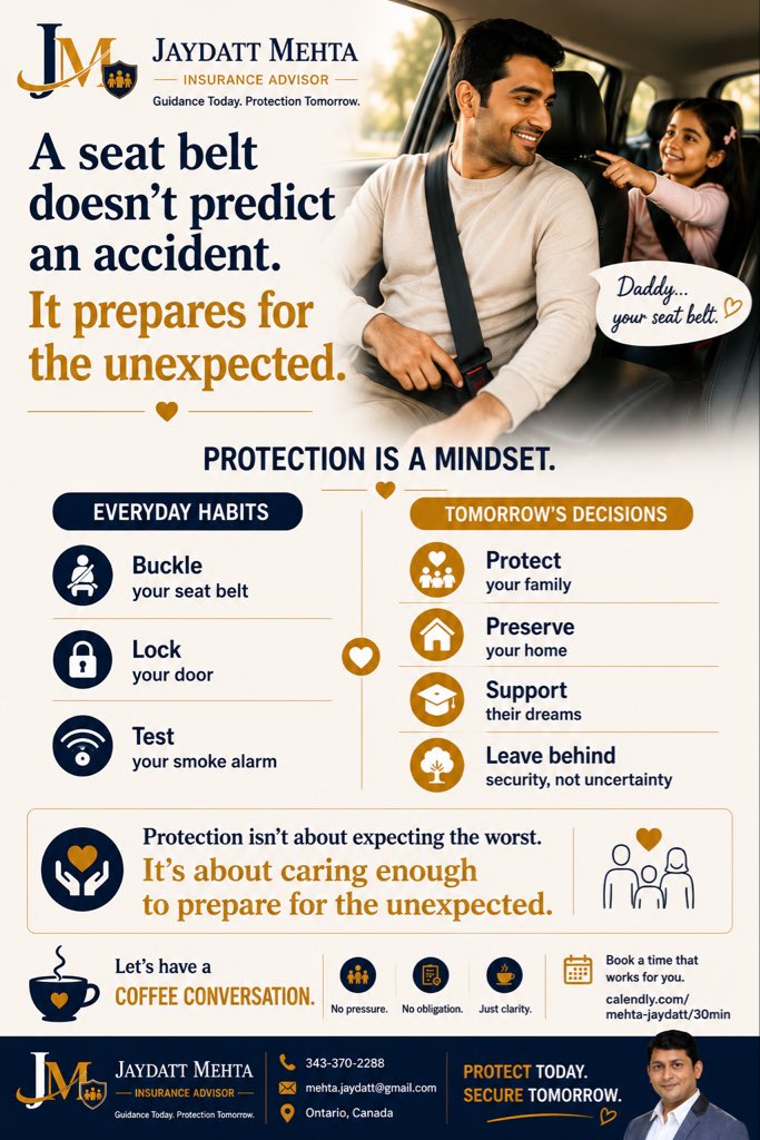jaydattmehta1's tweet photo. A seat belt doesn’t predict an accident.

It prepares for the unexpected.

The best decisions in life are often the ones we hope we’ll never need.

Protection is a mindset.

#FinancialPlanning #LifeInsurance #FamilyProtection #Ontario https://t.co/ttLH2JLq9A