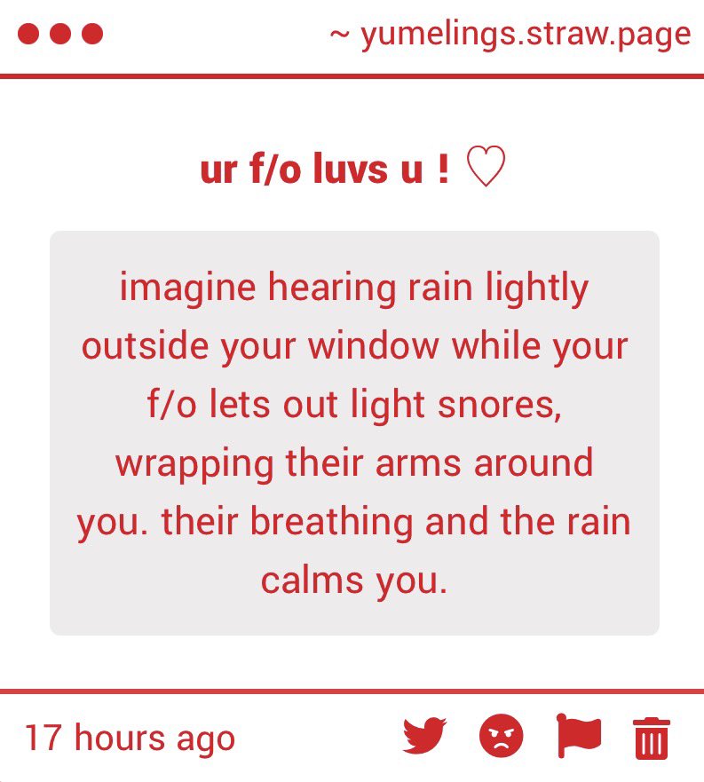 yumelings's tweet photo. ── ⟡ ˙🐾 ̟   

“  imagine hearing rain lightly tap outside your window while your f/o lets out light snores, wrapping their arms around you—their breathing calms you.  “  ♥︎ https://t.co/eTVUrs7XvI